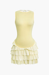 Lace Up Back Sleeveless Ruffle Hem Mini Dress
